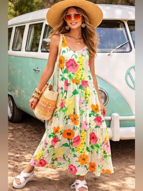 JAMS WORLD Vintage Floral‎ Midi Dress Size Large Baby Doll Painted W334